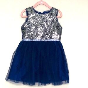 A.T.U.N Girls Navy Blue Sequin & Crenolin Fit & Flare Formal Dress Size 4 - 5